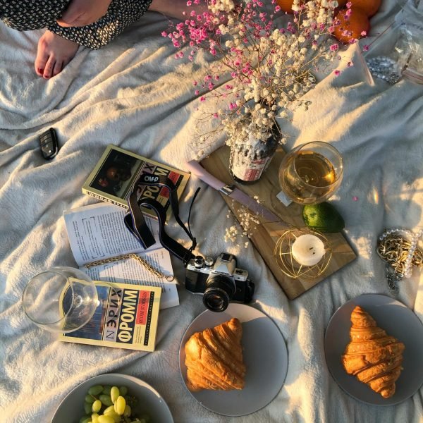 Relaxing picnic scene with books, croissants, wine, flowers, and a vintage camera.